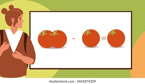 Education material for textbooks-Math Lesson scenario 1, young children doing subtraction of tomatoes, flat vector stock illustration with Educational materials