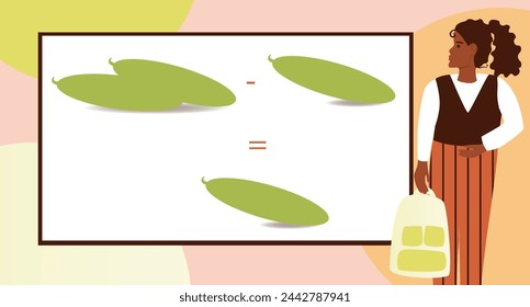 Education material for textbooks-Math Lesson scenario 1, young children doing subtraction of cucumbers, flat vector stock illustration with Educational materials