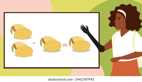 Education material for textbooks-Math Lesson scenario 1, young children doing subtraction mango, flat vector stock illustration with Educational materials