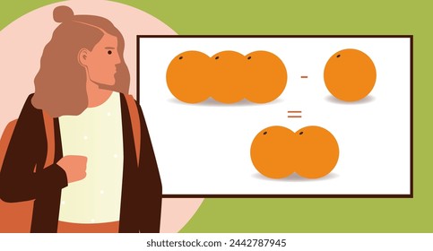 Education material for textbooks-Math Lesson scenario 1, young children doing subtraction of oranges, flat vector stock illustration with Educational materials