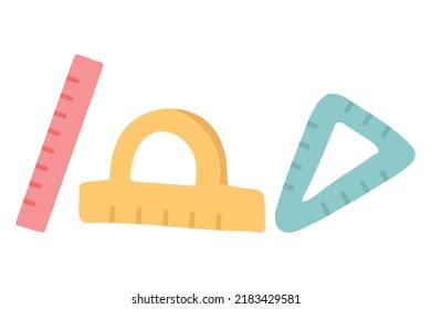 Education math flat tools set. Ruler, triangle ruler and protractor icon. Stationery instruments collection. Vector isolated on white