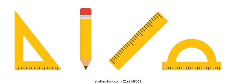 Education math tools set. Pencil, ruler, triangle ruler and protractor icon. Vector isolated on white.	