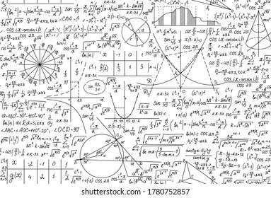 Education math vector seamless pattern with mathematical and physics handwritten formulas, equations and calculations