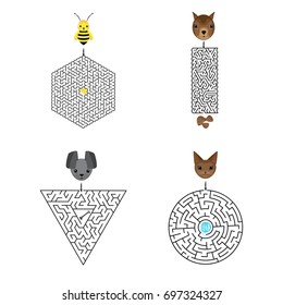 Education Maze or labyrinth game for children with dog and bone, cat and ball of yarn, bee and honeycomb, chipmunk and peanut. Vector illustration. EPS 10