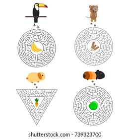 Education Maze or labyrinth game for children with toucan and banana,  guinea pig and apple, rabbit and carrot,  hamster and grain. Vector illustration. EPS 10 