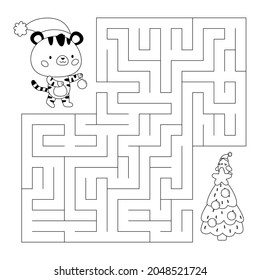 Education maze or labyrinth game for kids. Help the tiger find right way to Christmas tree. Activity worksheet. Happy New Year. Coloring page. Kawaii cartoon character. Vector illustration.