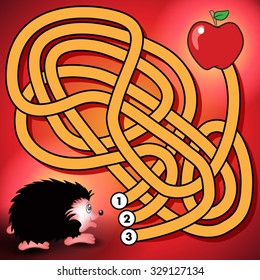 Education maze or labyrinth game for preschool children with hedgehog and apple. Vector illustration