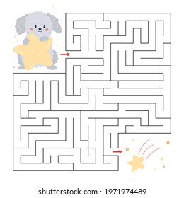 Education maze for preschool children. Cute cartoon dog with stars. Labyrinth game. Help the puppy to find falling star. Vector illustration.