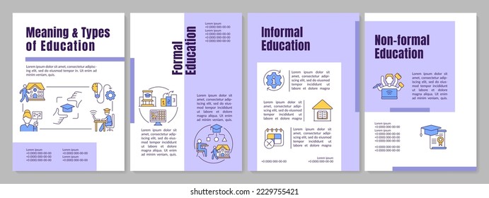 Significado educativo y tipos de plantilla de folleto morado. Diseño del prospecto con iconos lineales. Editable 4 diseños vectoriales para presentación, informes anuales. Anton, fuentes Lato-Regular usadas