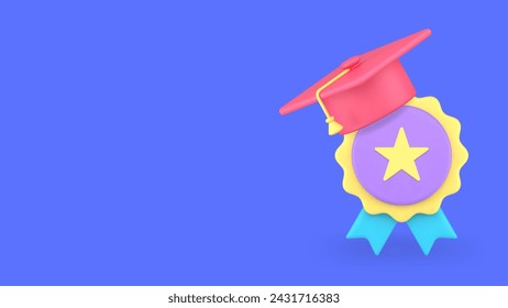 Education medal with graduation hat learning studying banner with copy space 3d icon realistic vector illustration. High school college university success reward degree knowledge award ceremony