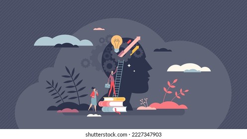 Education and mental skill development with knowledge growth tiny person concept. Career improvement and leadership boost with book reading, coaching and mind training challenge vector illustration.