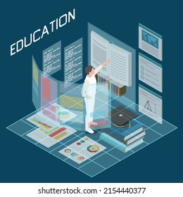 Education In Metaverse Isometric Concept With Student Interacting With Virtual Book On Color Background 3d Vector Illustration