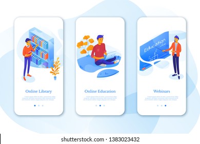 Education mobil app set with flat isometric vector illustrations. University, college cliparts pack. Online courses, e-learning. Students, teacher, tutor cartoon characters. Library, lecture hall