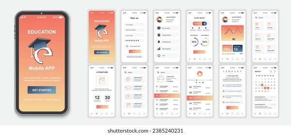 Conjunto de plantillas de pantallas de interfaz de aplicaciones móviles de educación. Cuenta en línea, estadísticas de progreso, lista de lecciones, plataforma de tutorial, calendario. Paquete de interfaz de usuario, UX, kit de interfaz de usuario para diseño web de aplicaciones. Diseño de vectores.