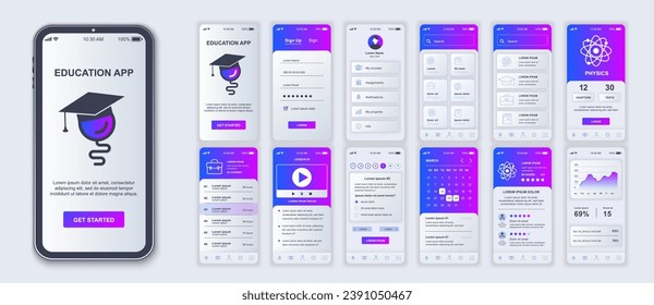 Education mobile app interface screens template set. Account login, study list, physics lesson and test, progress data, calendar. Pack of UI, UX, GUI kit for application web layout. Vector design.