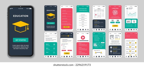 Education mobile app screens set for web templates. Pack of student login, calendar, video lessons, statistics of progress and other mockups. UI, UX, GUI user interface kit for layouts. Vector design