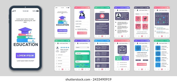 Pantallas de aplicaciones móviles de educación configuradas para plantillas web. Paquete de perfil de estudiante, lecciones en línea, aprendizaje de ciencias, estadísticas de progreso. UI, UX, GUI kit de interfaz de usuario para diseños de teléfonos celulares. Diseño vectorial
