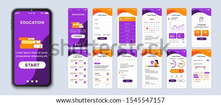 Education mobile app smartphone interface vector templates set. Online courses web page design layout. Remote studying. Pack of UI, UX, GUI screens for application. Phone display. Web design kit