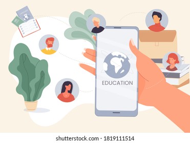 Education mobile application. ABC Studying interface. English language learning online via smartphone. Native speaker training on internet. International teaching course. Global network communication