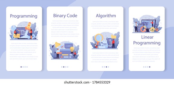 IT education mobile application banner set. Student write software and create code for computer. Digital technology for website, interface and devices. Vector illustration.