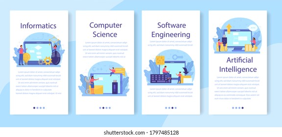IT education mobile application banner set. Student write software and create code for computer. Digital technology for website, interface and devices. Vector illustration.