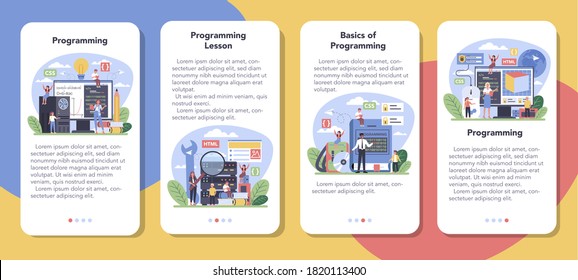 Juego de banners para aplicaciones móviles de educación en TI. El estudiante escribe software y crea código para el equipo. Tecnología digital para sitios web, interfaz y dispositivos. Ilustración vectorial.