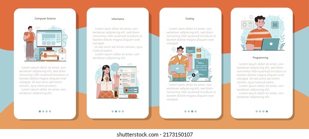 IT education mobile application banner set. Student write software and create code for computer. Coding script for project and app. Digital technology for website interface. Vector illustration.