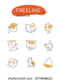 Education - modern colorful line design style icons set on white background. Detailed isolated images in orange color. School set of supplies - globe, notebook, textbook, computer, microscope, essay