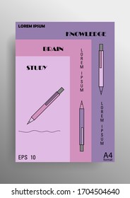 Education modern cover design with elements, pencil and pen, designed in A4 size with pink and violet colors. Knowledge, brain and learning, for books, pages, notebooks etc. Eps 10 vector 