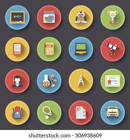 Education modern flat color icons on black background.