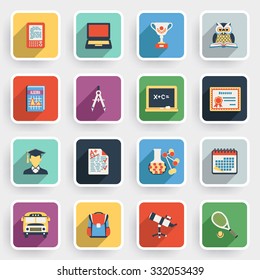 Education modern flat icons with color buttons on gray background.