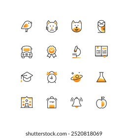 Education - modern line design style icons set. School subjects and learning. Images of a bird, cat, dog, owl, bus, building, microscope, book, academic cap, clock, flask, bell, bag, badge, Saturn