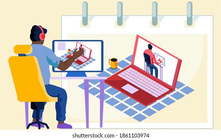 Education, modern training for students, online video tutorial, e-learning concept. On the laptop screen video training. Young man study remotely watching lessons via the Internet with computer
