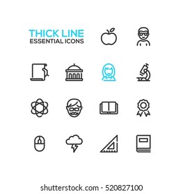 Education - modern vector plain simple thick line design icons and pictograms set. Apple, student, certificate, university, microscope, tutor, book, badge, science, computer mouse brainstorming ruler