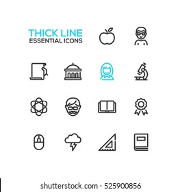 Education - modern vector plain simple thick line design icons set. Apple, student, certificate, university, microscope, tutor, book, badge, science, computer mouse brainstorming ruler