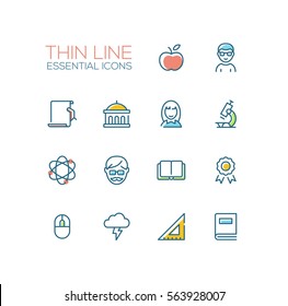 Education - modern vector plain simple thin line design icons and pictograms set with accent color. Apple, student, certificate, university, microscope, tutor, book. Material design concept symbols