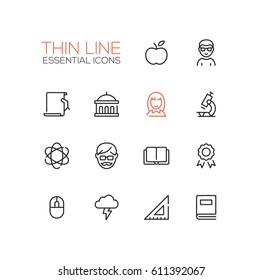 Education - modern vector plain simple thin line design icons and pictograms set. Apple, student, certificate, university, microscope, tutor, book, badge, science, computer mouse brainstorming ruler