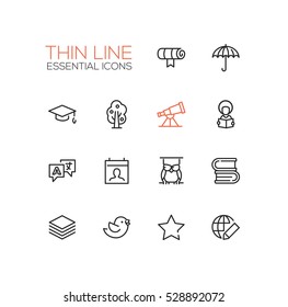 Education - modern vector simple thin line design icons set. Scroll, umbrella, academic cap, tree, telescope, student, owl, books, translation, guides bird star globe