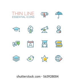 Education - modern vector simple thin line design icons and pictograms set with accent color. Scroll, umbrella, academic cap, tree, telescope, student, owl, books. Material design concept symbols