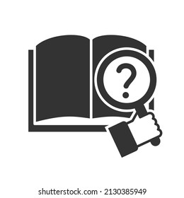 Education - modern vector single line icon. An image of a thick book with a hand holding a magnifying glass, question mark. Representation of knowledge, learning, understanding.