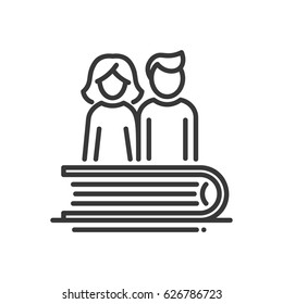 Education - modern vector single line icon. An image of a thick book with a couple of people, a man and a woman. Representation of knowledge, learning, understanding