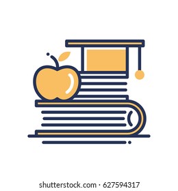 Education - modern vector single line icon. An image of a thick book, a golden apple and a graduation head wear. Represents knowledge, result, success, power, brain,