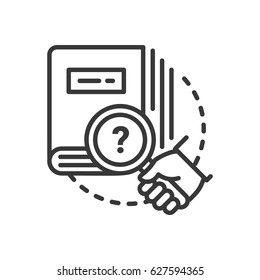 Education - modern vector single line icon. An image of a thick book with a hand holding a magnifying glass, question mark. Representation of knowledge, learning, understanding.