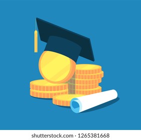 Education money. College tuition graduation, scholarship education investment. Gold coins, academic cap diploma. Vector concept