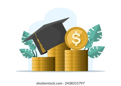 education and money concept, flat cartoon graduation cap and cash, concept of scholarship or loan fees, school or study fees, value of student knowledge, learning success. flat vector illustration.