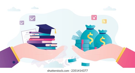 Education for money concept. Hand holding textbooks, graduation cap and another hand holding money bags. Investment in knowledge, student loan and scholarship concept. High tuition fees. flat vector