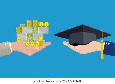 Education for money concept. Hand holding graduation cap and another hand holding money . vector illustration in flat style