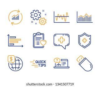 Education, Money Diagram And Stock Analysis Icons Simple Set. Medical Chat, Update Data And Horizontal Chart Signs. Patient History, World Money And Medical Shield Symbols. Line Education Icon