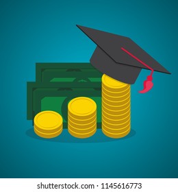 Education and money, graduation hat and coins cash concept flat vector illustration EPS10