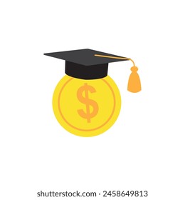 Education and money illustration, flat cartoon graduation hat and coin, concept of scholarship cost or loan, tuition or study fee, value of student knowledge, learning success